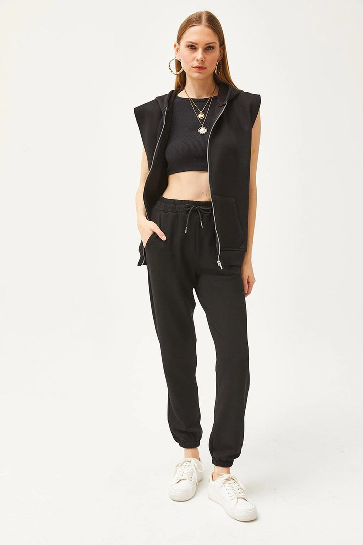 Black Double Pocket Soft Textured Modal Cuffed Elastic Jogger Sweatpants BC241146 - Rezé