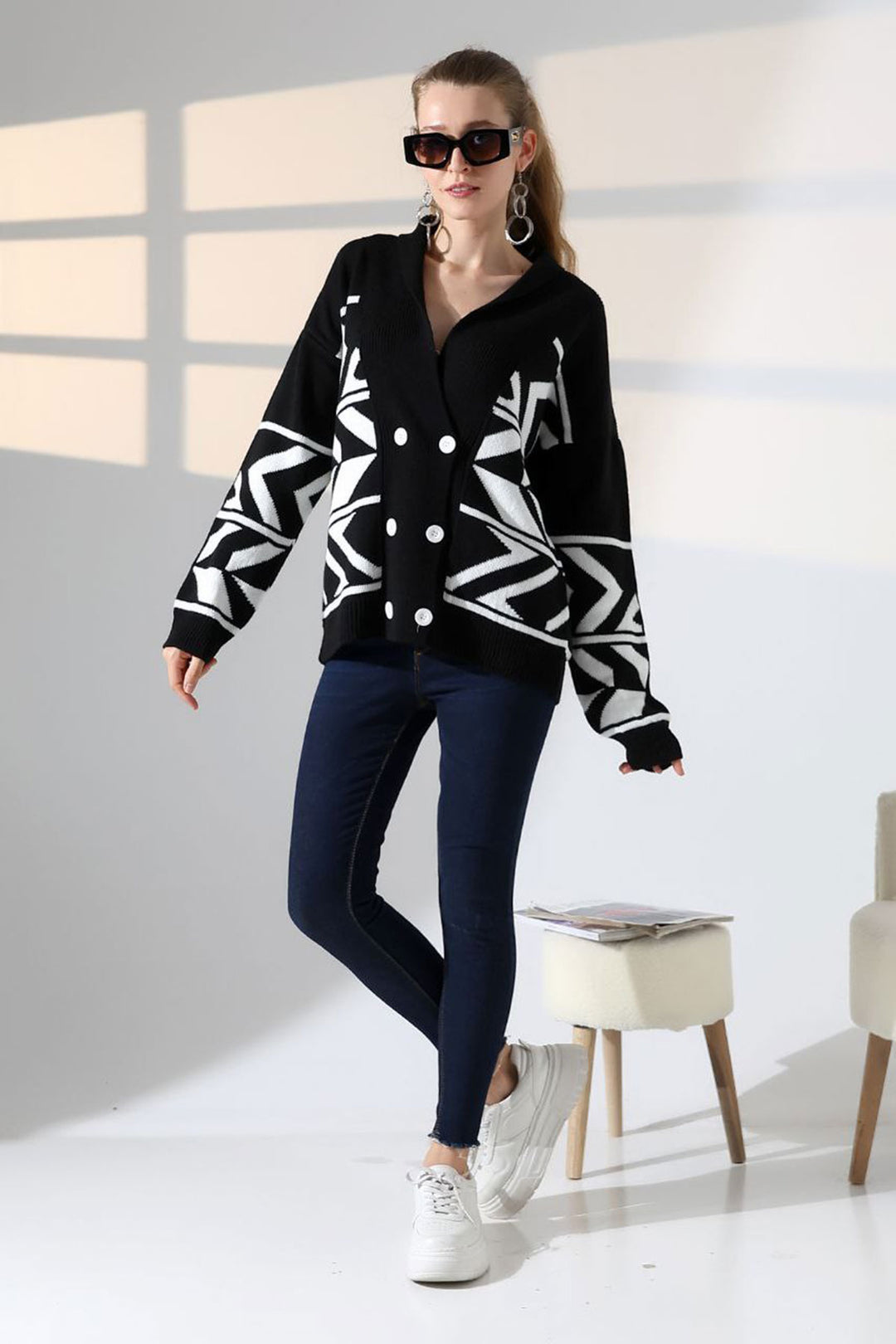 Black Double Button Detailed Patterned Knit Cardigan BCES-252021 - San Pedro Mixtepec
