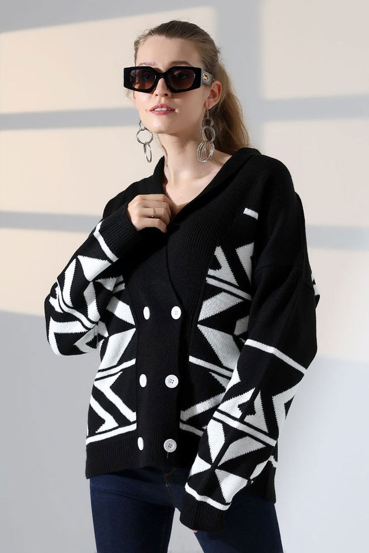 Black Double Button Detailed Patterned Knit Cardigan BCES-252021 - San Pedro Mixtepec