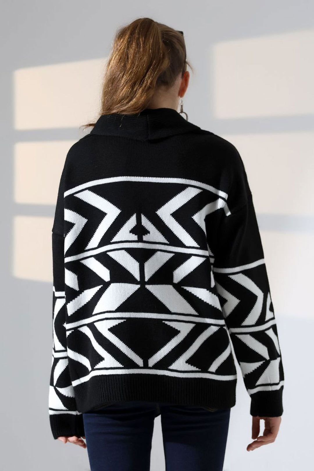 Black Double Button Detailed Patterned Knit Cardigan BCES-252021 - San Pedro Mixtepec