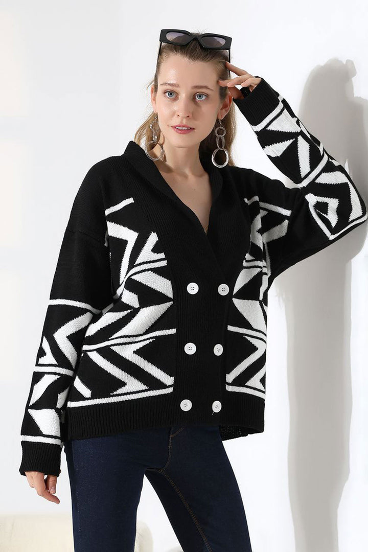 Black Double Button Detailed Patterned Knit Cardigan BCES-252021 - San Pedro Mixtepec