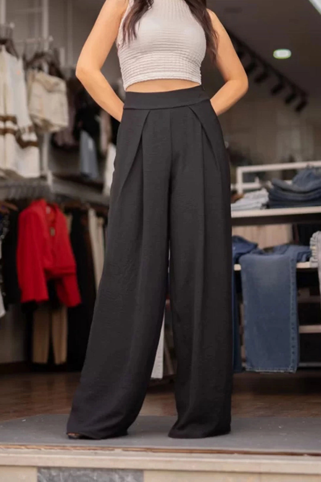 Black Double Pleated Aerobin Woven Palazzo Pants BCIR-251003 - Lakewood Ranch