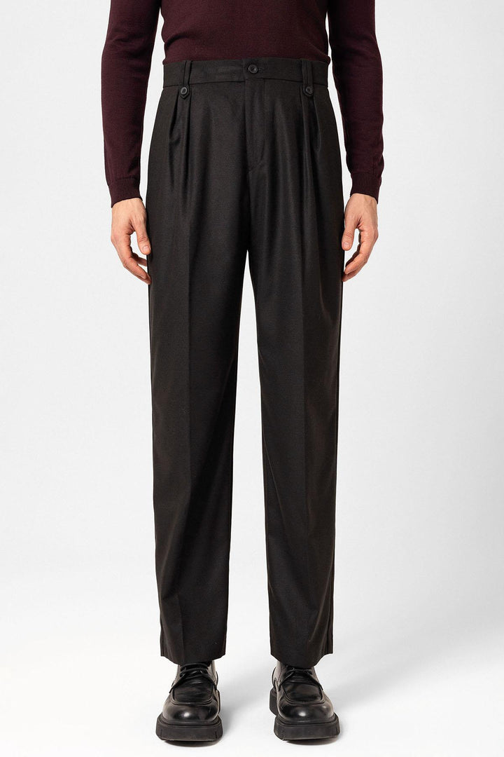 ANT Antioch Siyah Çift Pileli Yüksek Bel Erkek Pantolon - San Severo