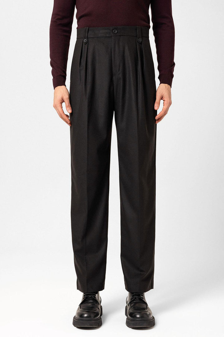 ANT Antioch Siyah Çift Pileli Yüksek Bel Erkek Pantolon - San Severo