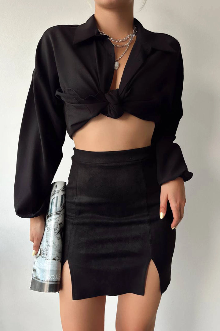 Black Double Slit Zippered Tweed Skirt BC231015 - Collegno