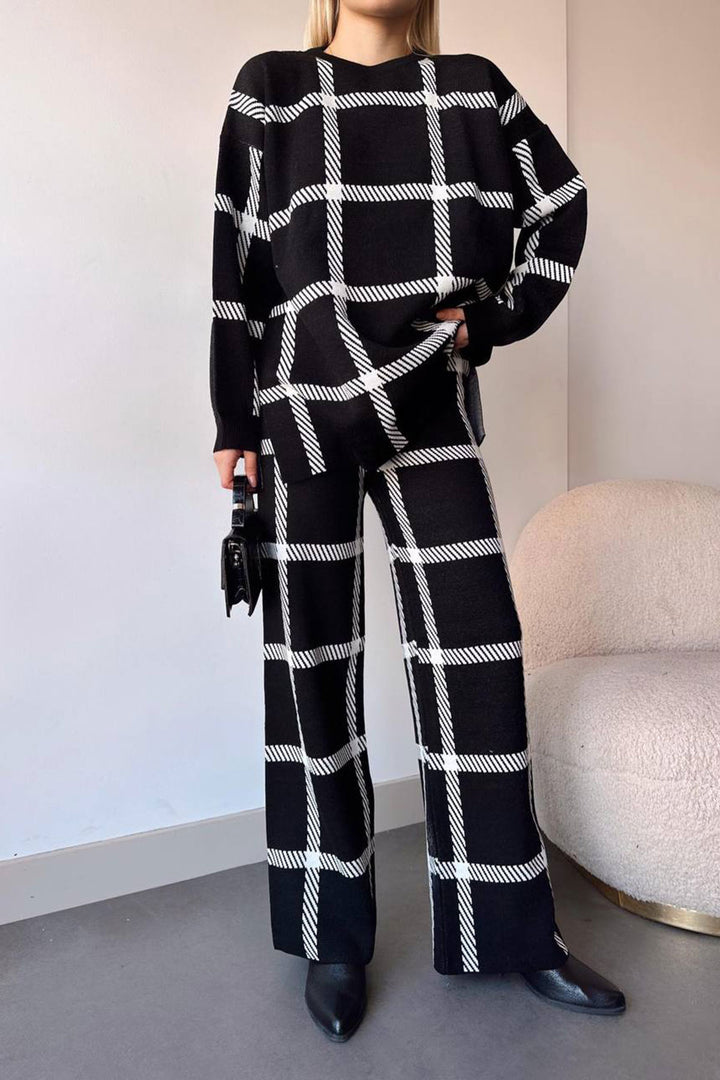Black Striped Bicycle Collar Sweater and Palazzo Pants Top Bottom Knit Set BCHN-25T260 - Independence