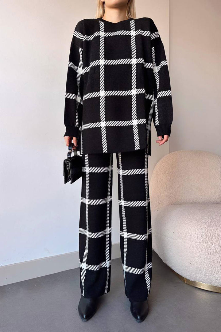 Black Striped Bicycle Collar Sweater and Palazzo Pants Top Bottom Knit Set BCHN-25T260 - Independence