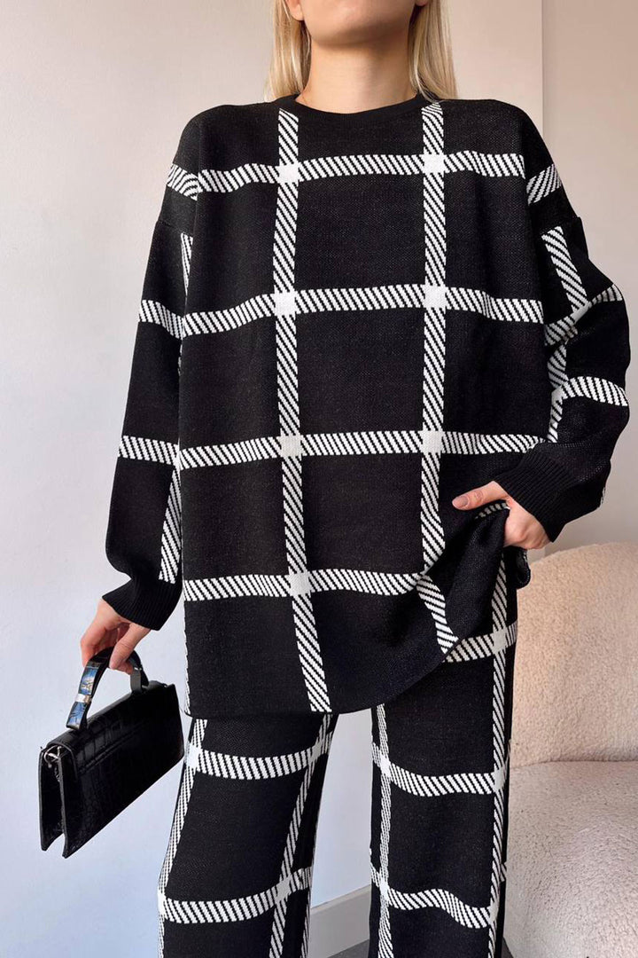 Black Striped Bicycle Collar Sweater and Palazzo Pants Top Bottom Knit Set BCHN-25T260 - Independence