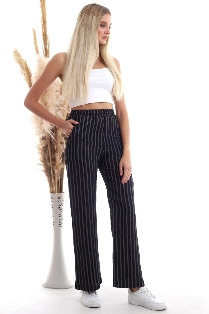 Black Striped Linen Trousers with Pockets CO-2520333459 - Rotorua