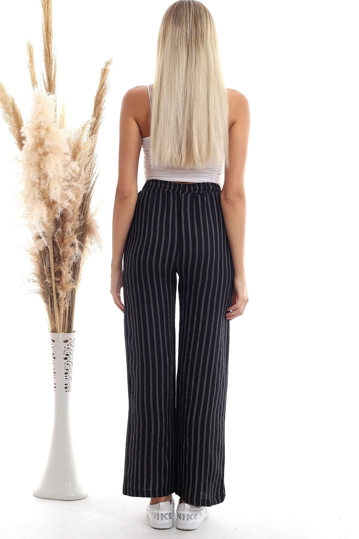 Black Striped Linen Trousers with Pockets CO-2520333459 - Rotorua