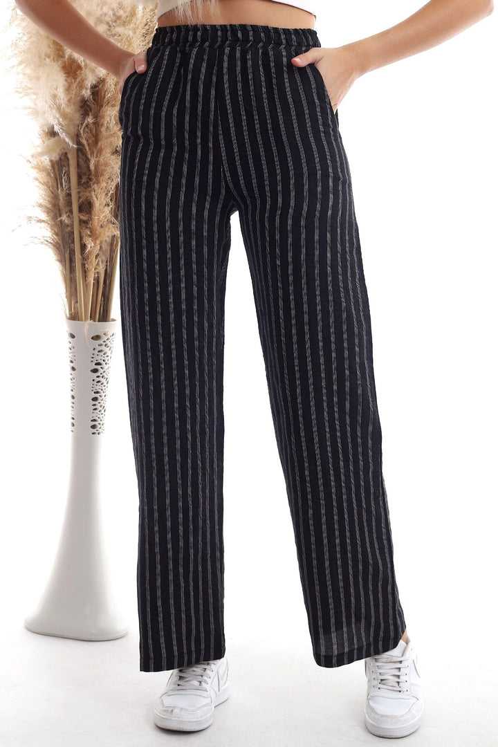 Black Striped Linen Trousers with Pockets CO-2520333459 - Rotorua