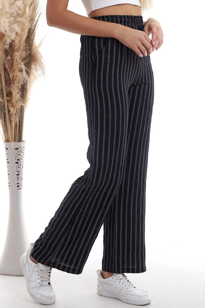Black Striped Linen Trousers with Pockets CO-2520333459 - Rotorua