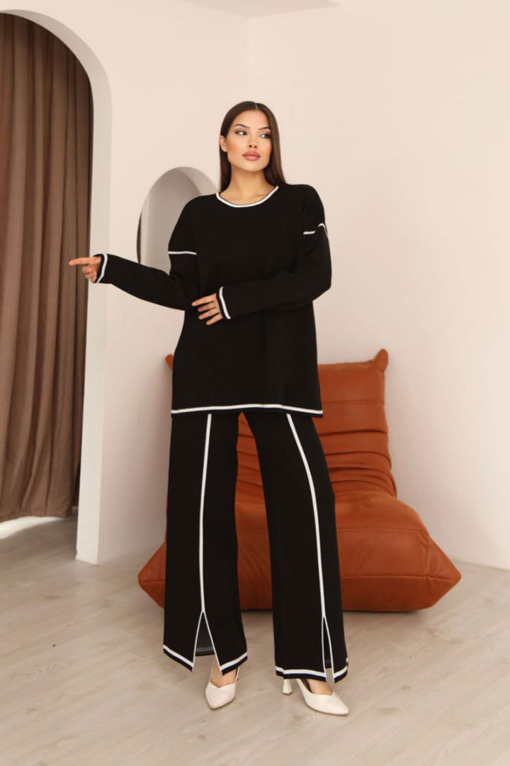 Black Striped Knit Sweater and Slit Pants Knit Set BCES-253008 - Kallithéa