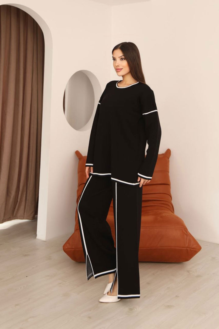 Black Striped Knit Sweater and Slit Pants Knit Set BCES-253008 - Kallithéa
