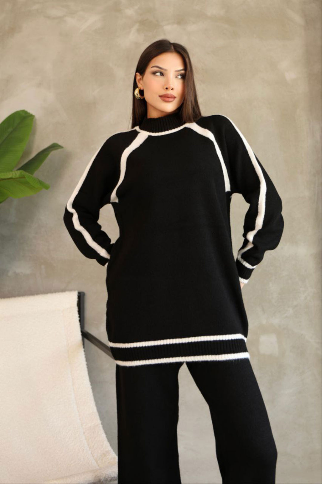 Black Line Detailed Bicycle Collar Tunic and Wide Leg Knit Top Set BCES-252030 - Zapotlanejo