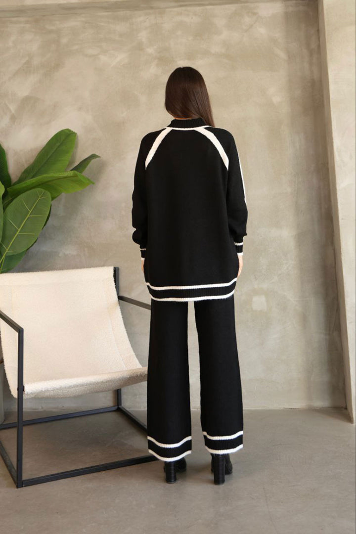 Black Line Detailed Bicycle Collar Tunic and Wide Leg Knit Top Set BCES-252030 - Zapotlanejo