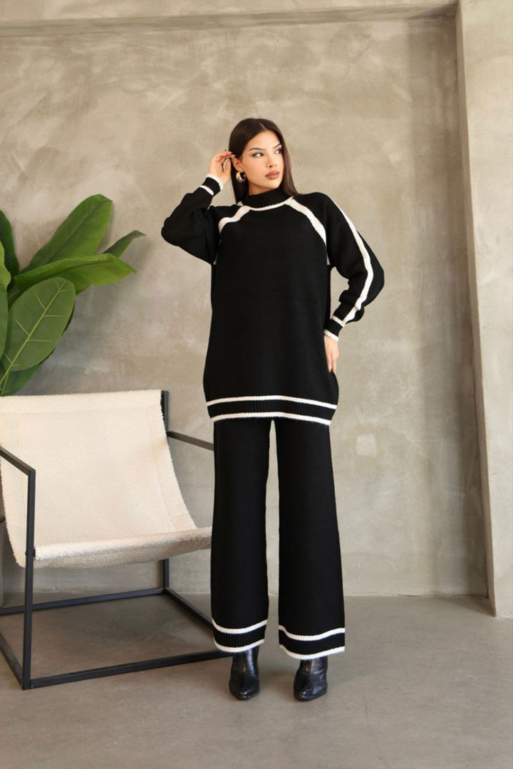 Black Line Detailed Bicycle Collar Tunic and Wide Leg Knit Top Set BCES-252030 - Zapotlanejo