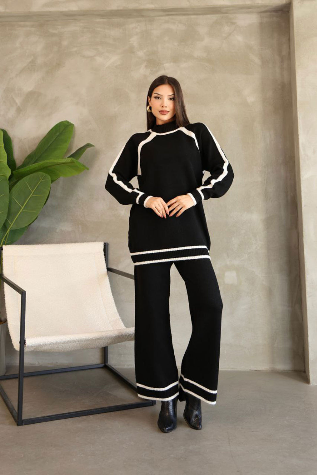 Black Line Detailed Bicycle Collar Tunic and Wide Leg Knit Top Set BCES-252030 - Zapotlanejo