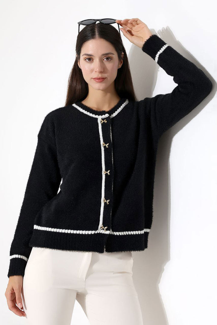 Black Line Detailed Soft Textured Knit Cardigan BCES-252029 - Torrelavega