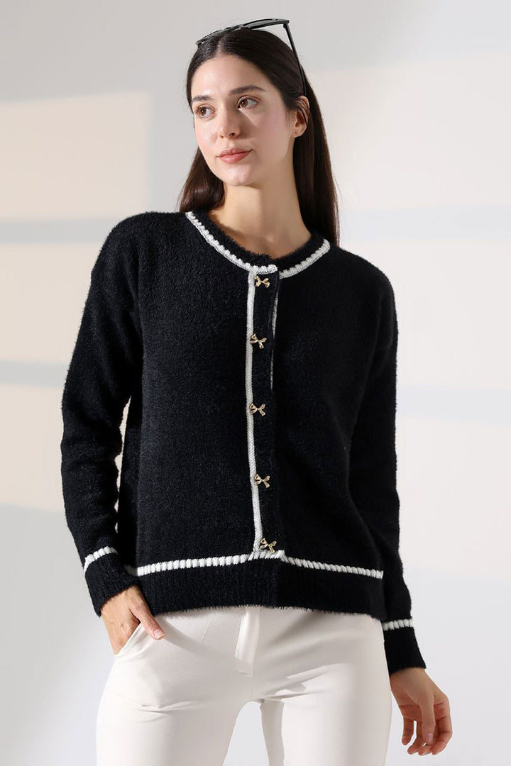 Black Line Detailed Soft Textured Knit Cardigan BCES-252029 - Torrelavega