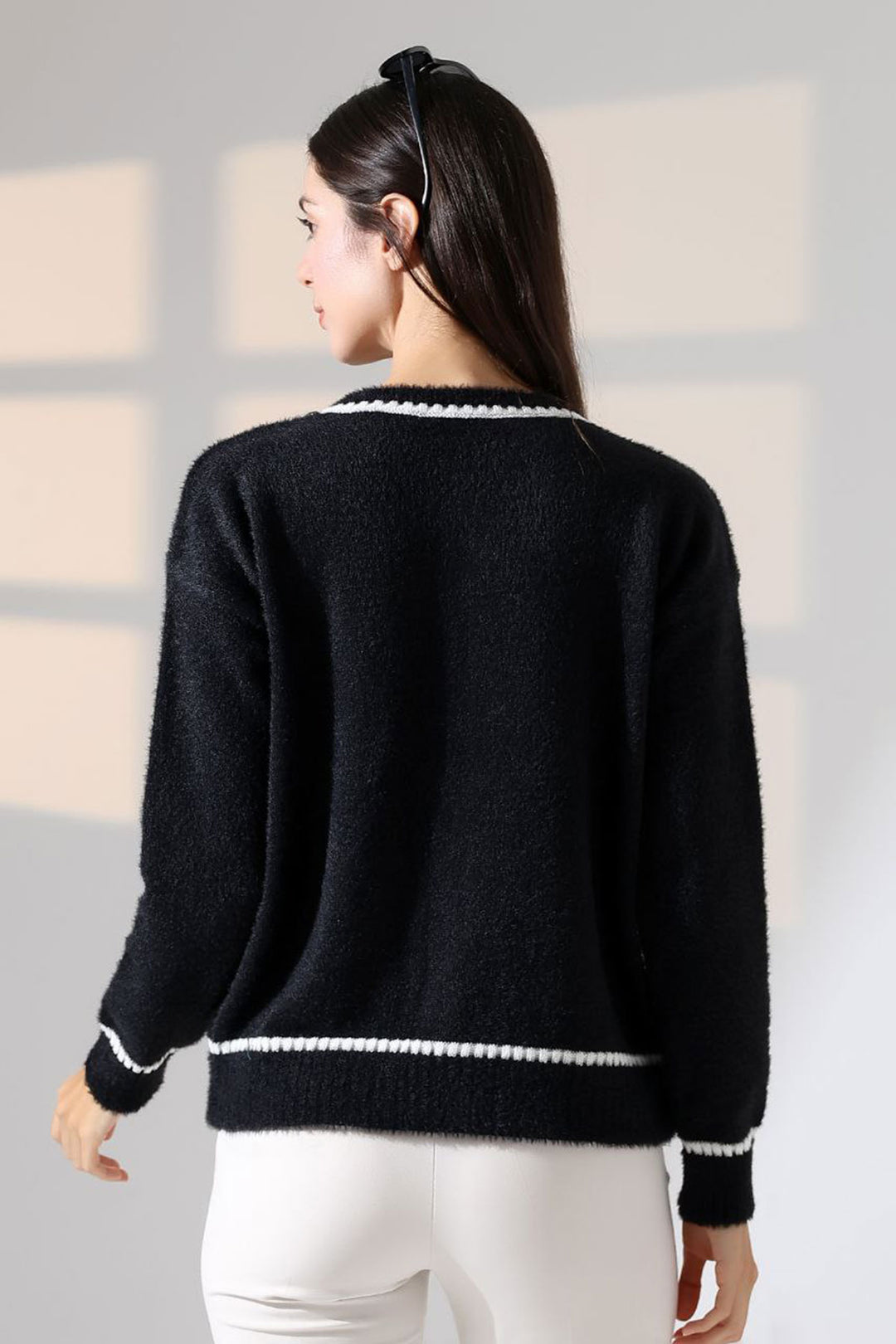Black Line Detailed Soft Textured Knit Cardigan BCES-252029 - Torrelavega