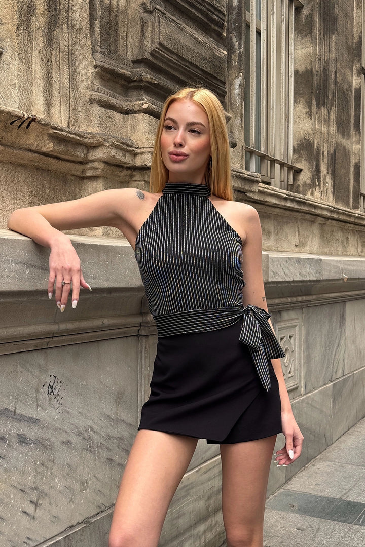 Black Striped Waist Belt Detailed Halter Blouse BCDF-252192 - Hildesheim