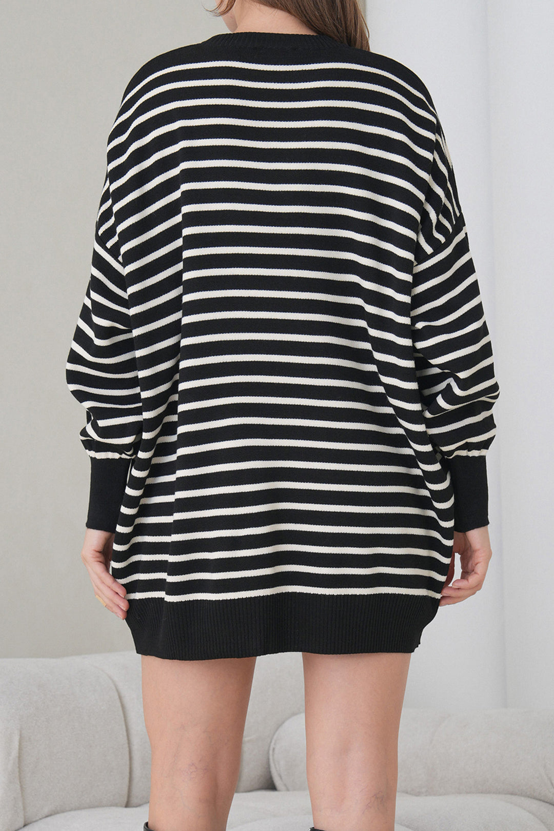 Black Striped Bike Collar Striped Knit Mini Dress BCHPK-251240 - Coevorden