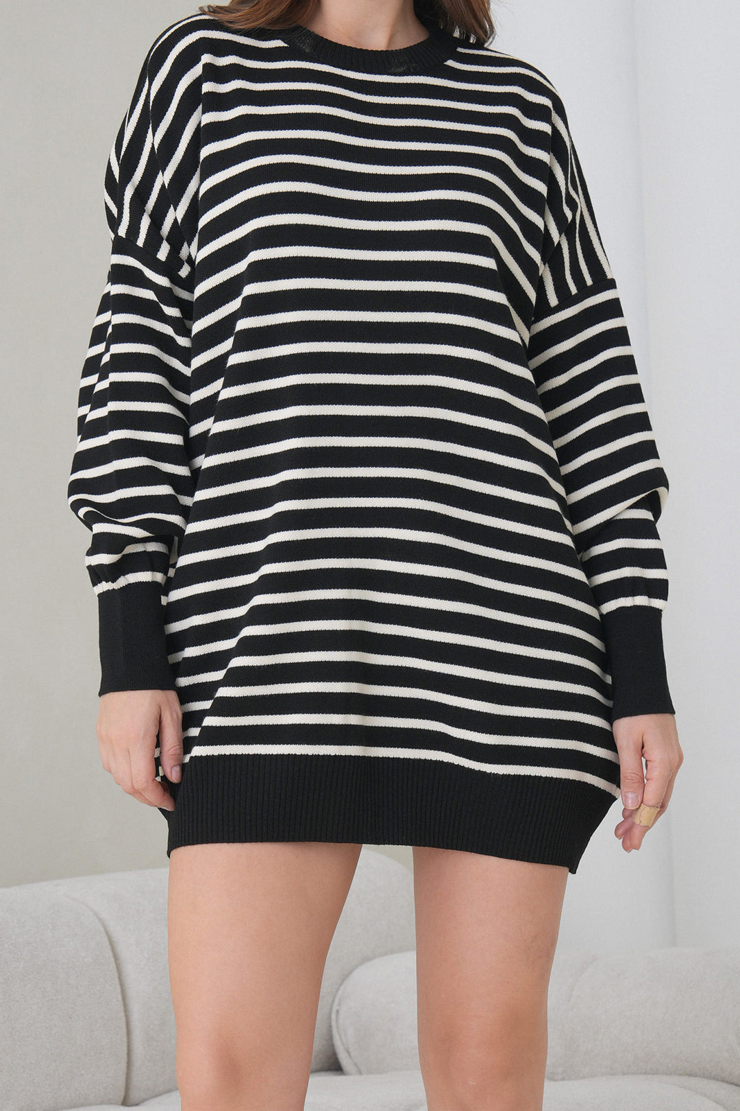 Black Striped Bike Collar Striped Knit Mini Dress BCHPK-251240 - Tijuana