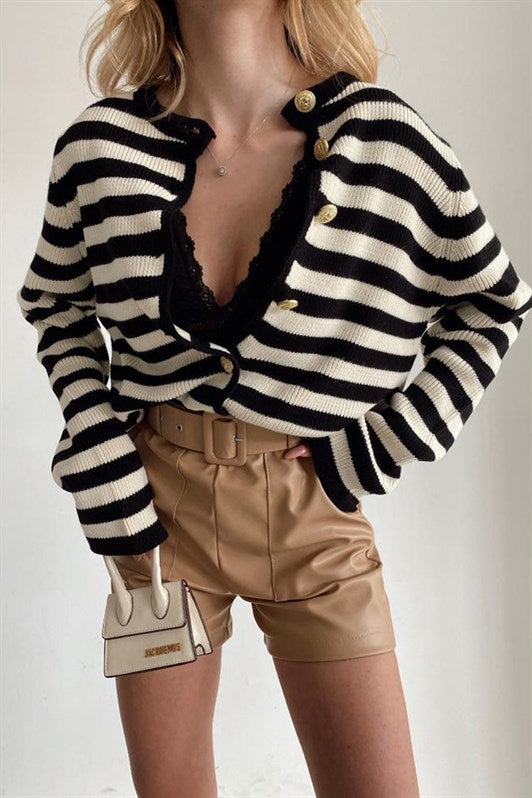 MDX Black Striped Bicycle Neck Gold Button Detailed Cotton Cardigan MG1605 - Washington