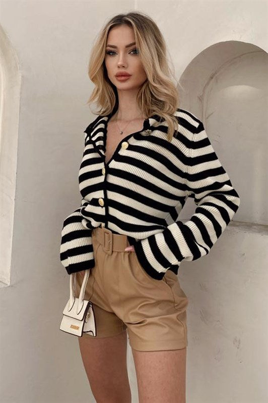 MDX Black Striped Bicycle Neck Gold Button Detailed Cotton Cardigan MG1605 - Washington