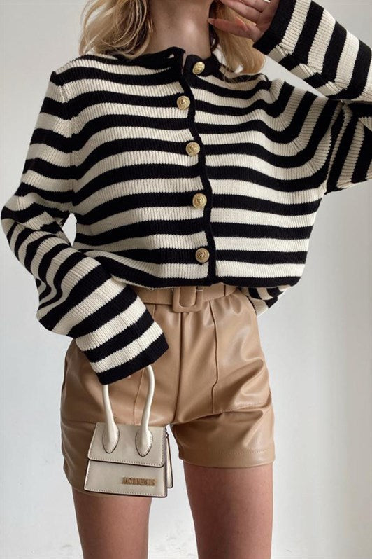 MDX Black Striped Bicycle Neck Gold Button Detailed Cotton Cardigan MG1605 - Washington