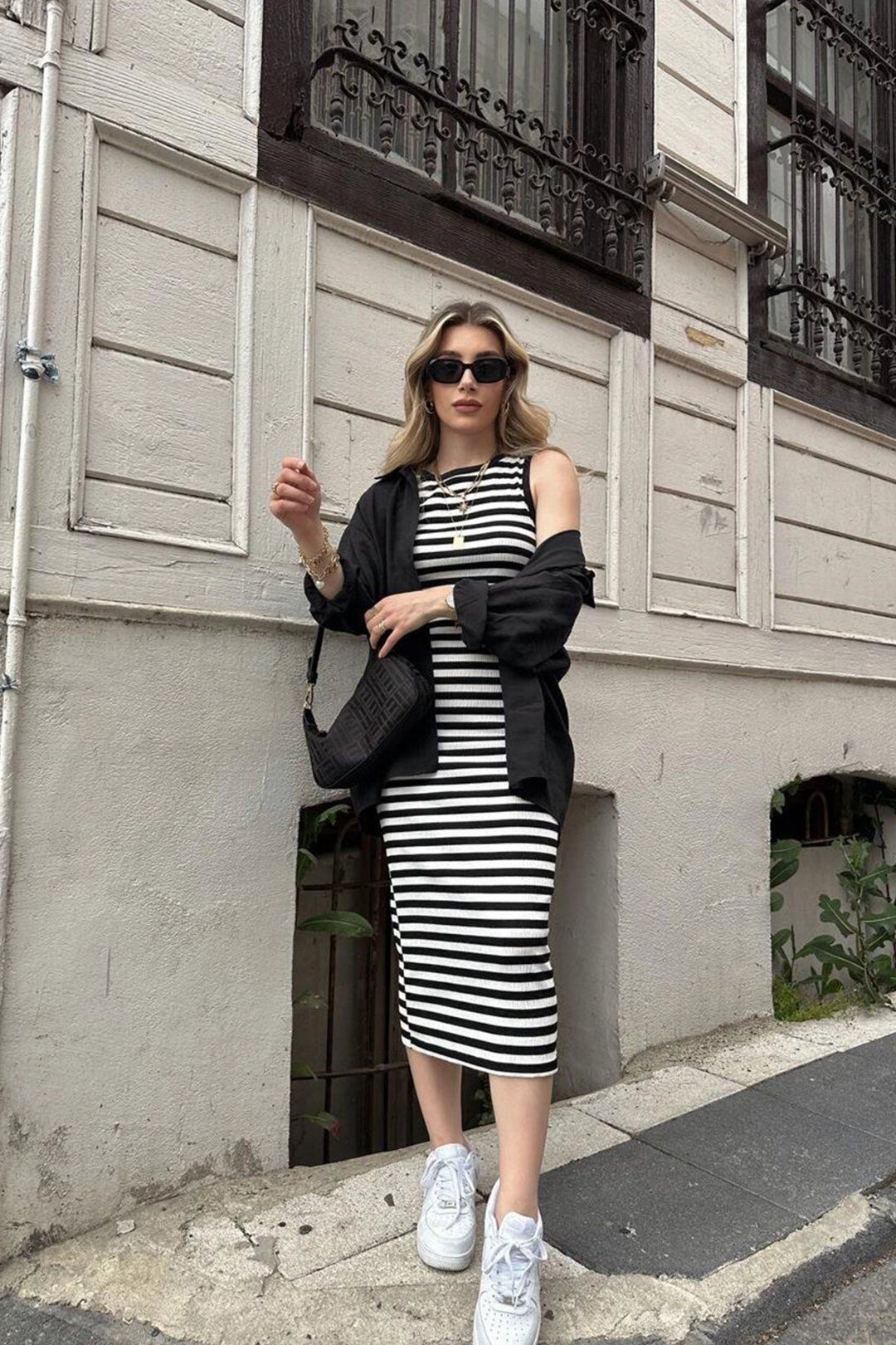 Black Striped Sleeveless Turtleneck Slim Fit Dress BC241154 - Gillingham
