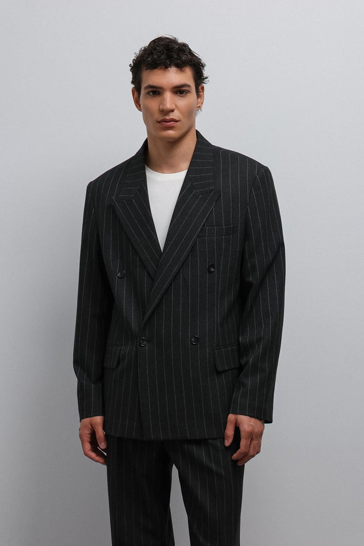 ANT Antioch Siyah Çizgili Kruvaze Erkek Blazer Ceket - Burlington