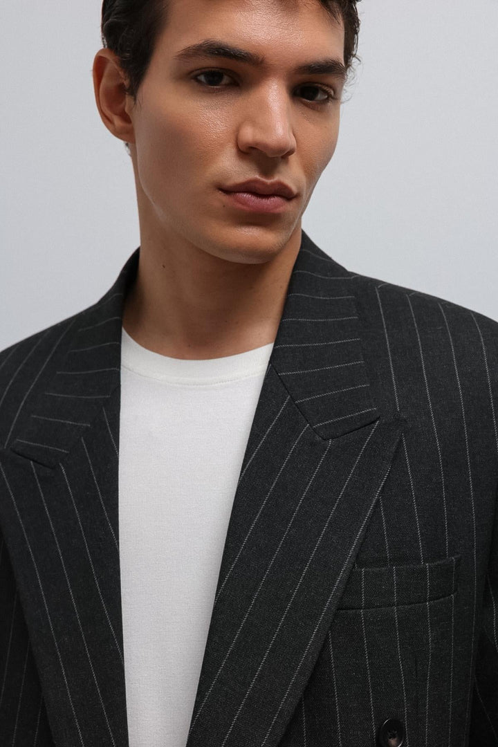 ANT Antioch Siyah Çizgili Kruvaze Erkek Blazer Ceket - Burlington