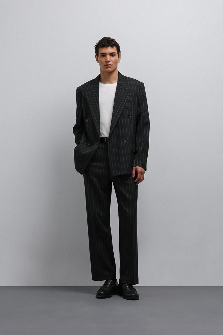 ANT Antioch Siyah Çizgili Kruvaze Erkek Blazer Ceket - Burlington