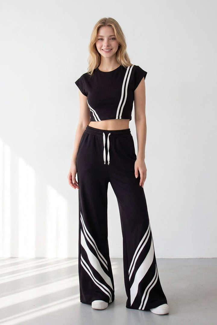Siyah Çizgili Modal Kumaş Crop Alt Üst Takım - Auburn