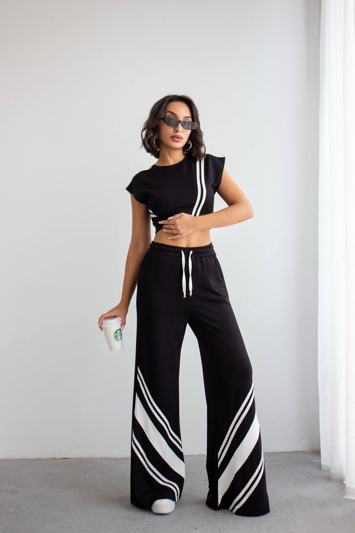Siyah Çizgili Modal Kumaş Crop Alt Üst Takım - Auburn