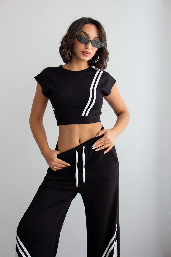Siyah Çizgili Modal Kumaş Crop Alt Üst Takım - Auburn