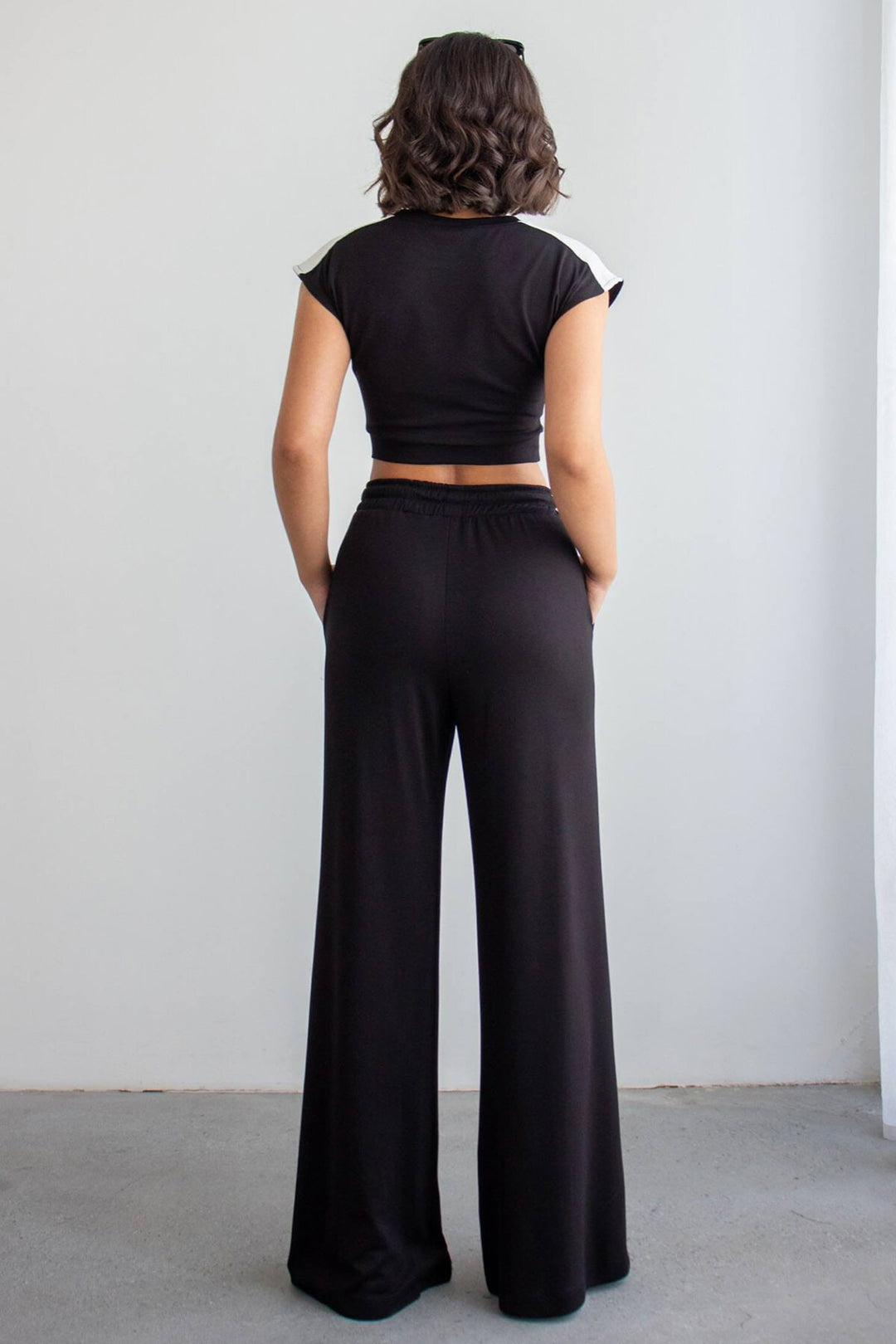 Siyah Çizgili Modal Kumaş Crop Alt Üst Takım - Auburn