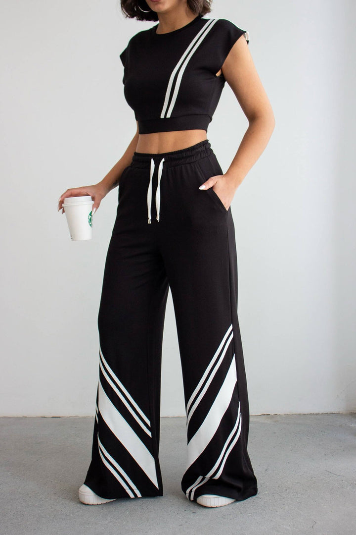 Siyah Çizgili Modal Kumaş Crop Alt Üst Takım - Auburn
