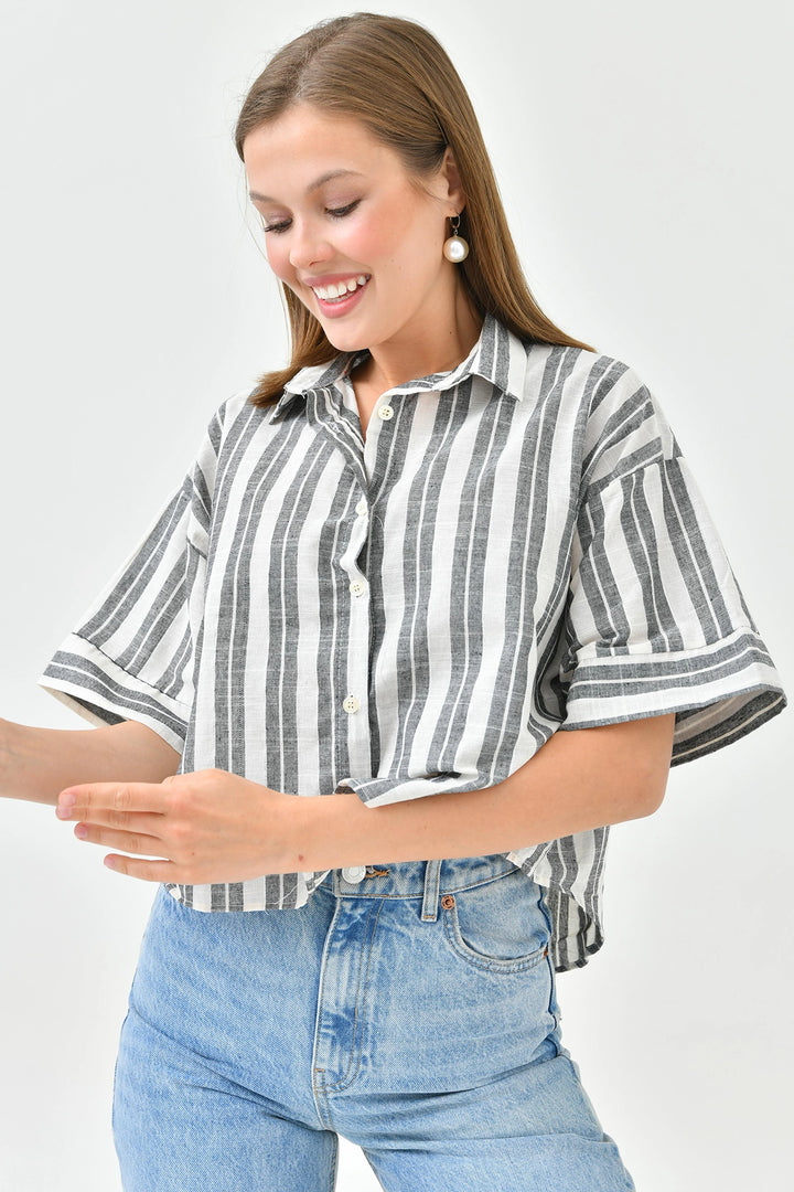 Black Striped Sequined Double Sleeve Crop Linen Woven Shirt BC241157 - Wylie