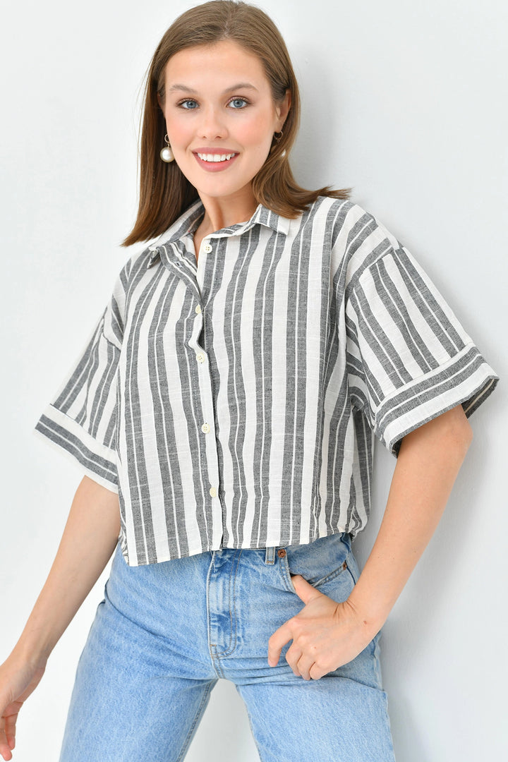 Black Striped Sequined Double Sleeve Crop Linen Woven Shirt BC241157 - Wylie