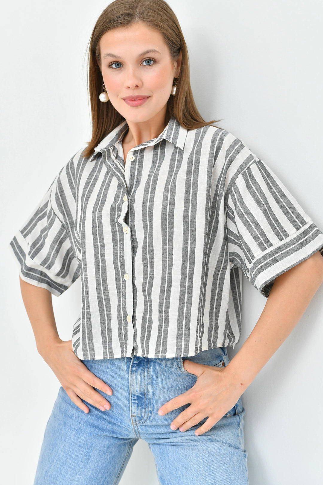 Black Striped Sequined Double Sleeve Crop Linen Woven Shirt BC241157 - Wylie