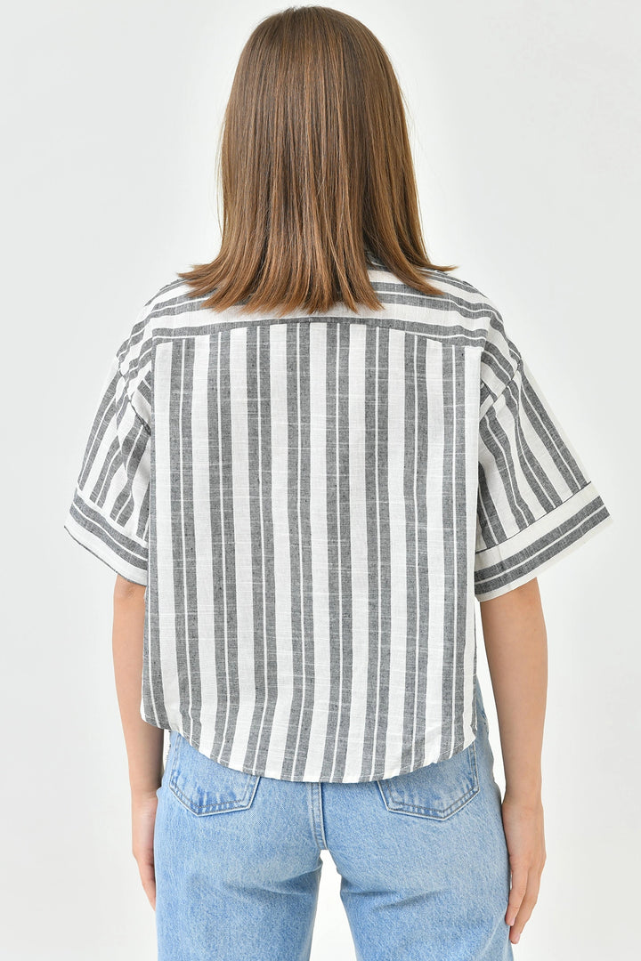 Black Striped Sequined Double Sleeve Crop Linen Woven Shirt BC241157 - Wylie