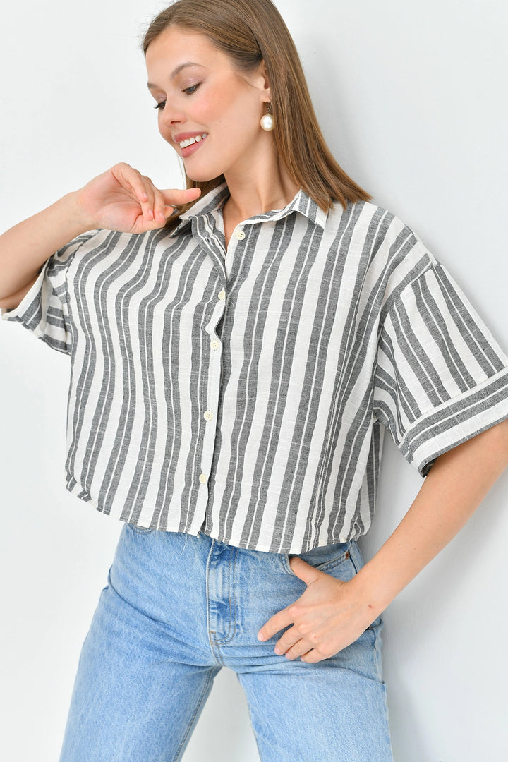 Black Striped Sequined Double Sleeve Crop Linen Woven Shirt BC241157 - Wylie