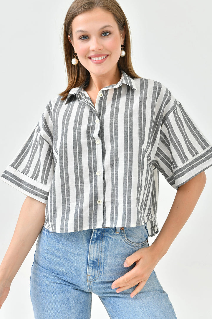 Black Striped Sequined Double Sleeve Crop Linen Woven Shirt BC241157 - Wylie