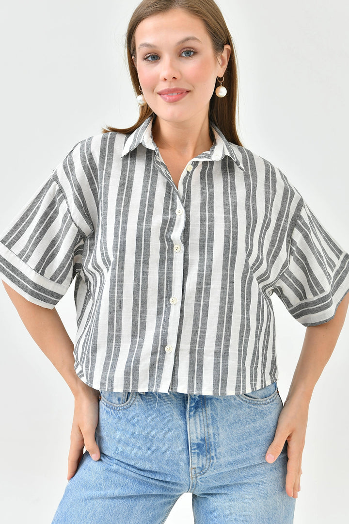 Black Striped Sequined Double Sleeve Crop Linen Woven Shirt BC241157 - Wylie
