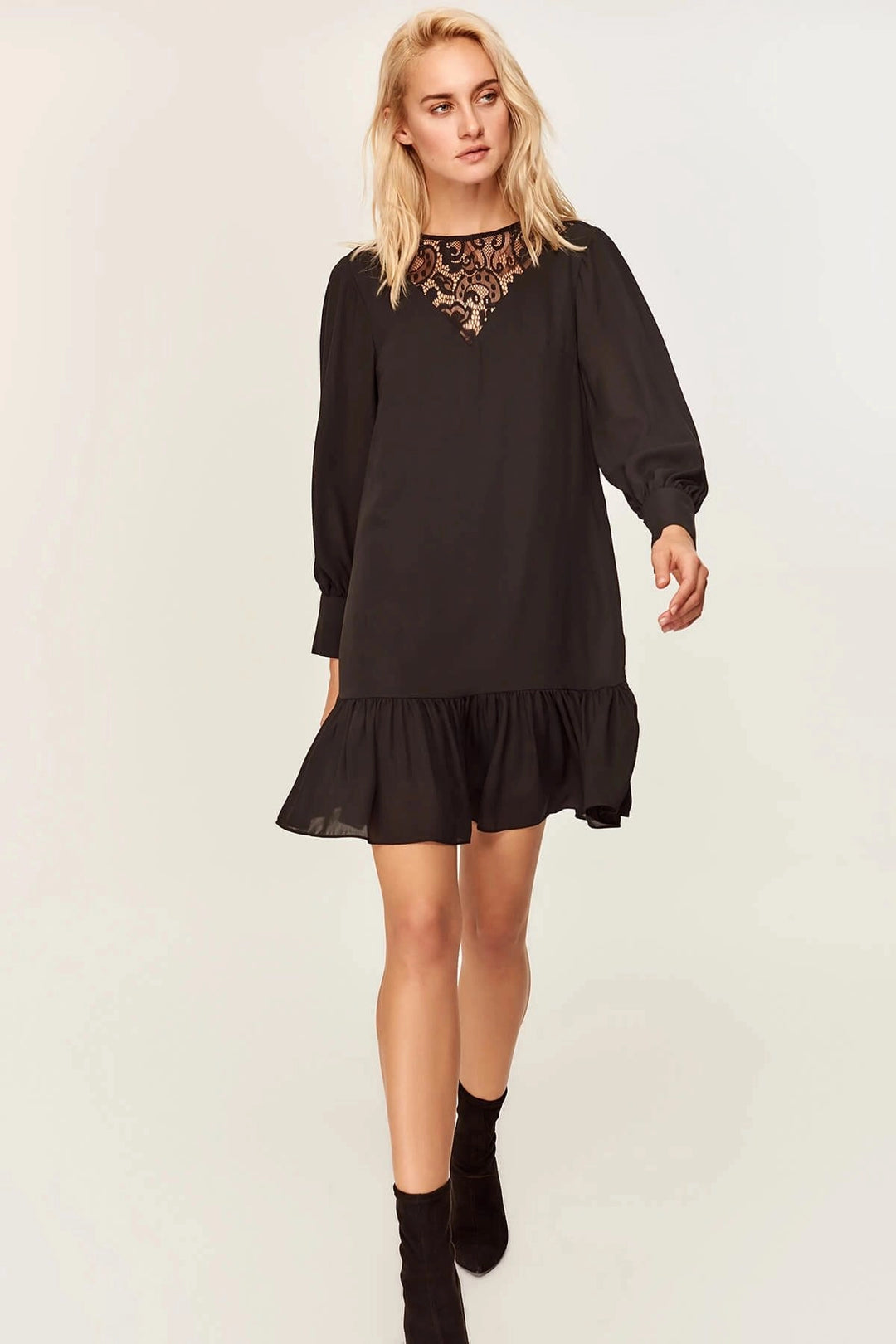 Black Lace Detailed Skirt Ruffled Dress BCBSK-25700-T4006780 - Fasano