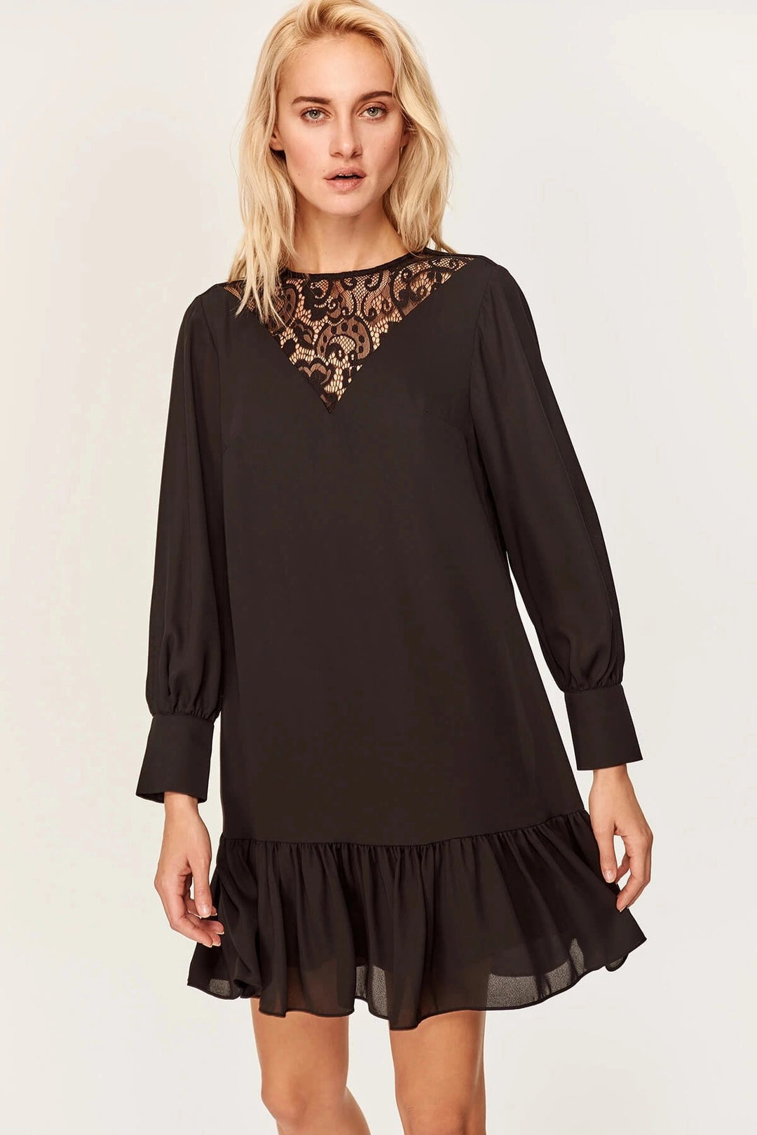 Black Lace Detailed Skirt Ruffled Dress BCBSK-25700-T4006780 - Fasano