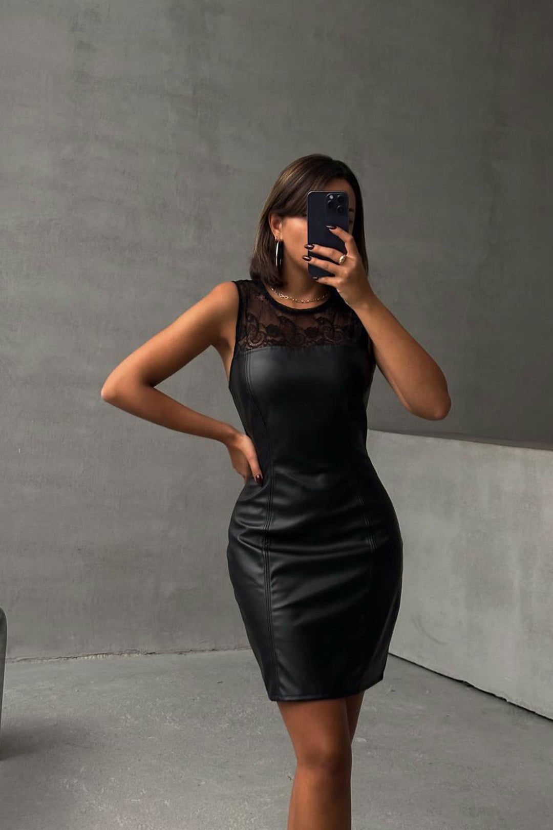 Black Sleeveless Dress with Lace Detail Faux Leather BCHN-2526421 - Stoke-on-Trent